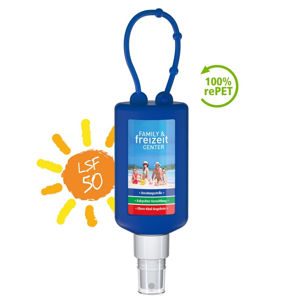 Sonnenschutzspray (LSF50), 50 ml Bumper blau, Body Label (R-PET)