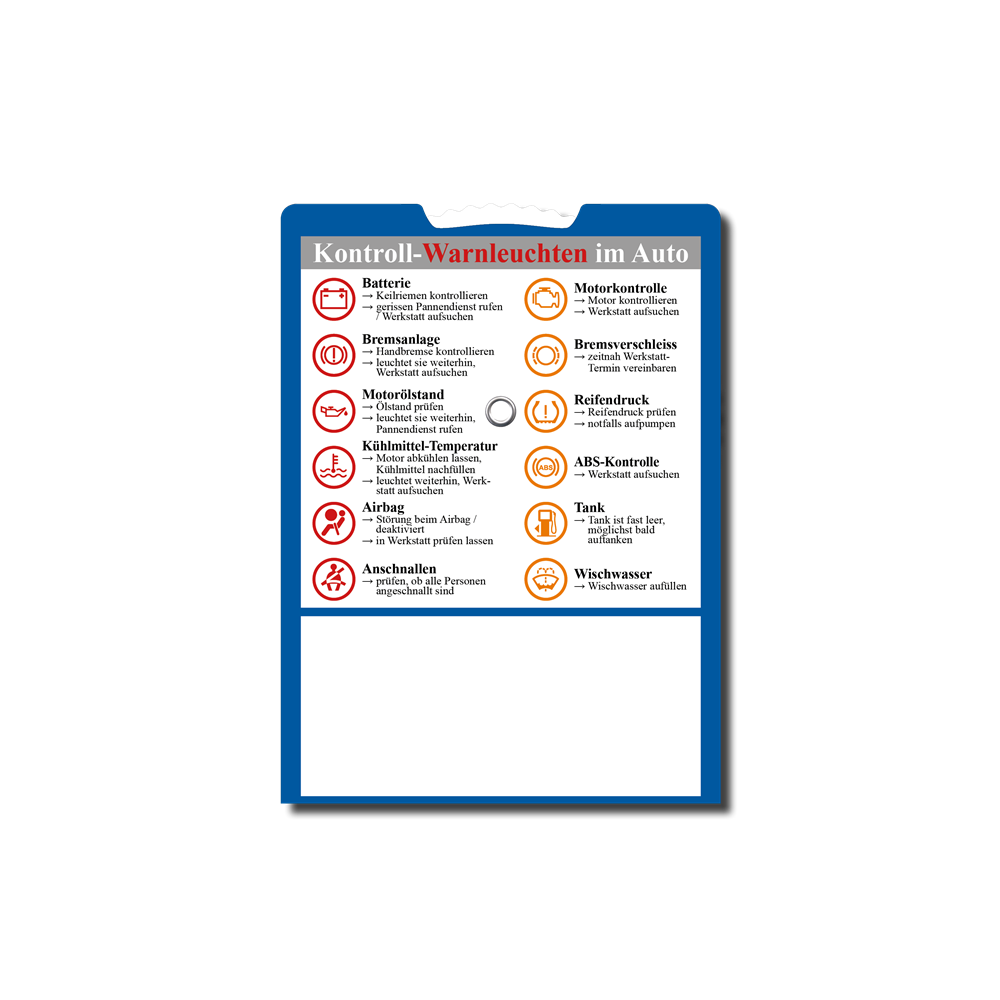 Parkscheibe mit rückseitiger Erklärung der Kontroll- und Warnleuchten