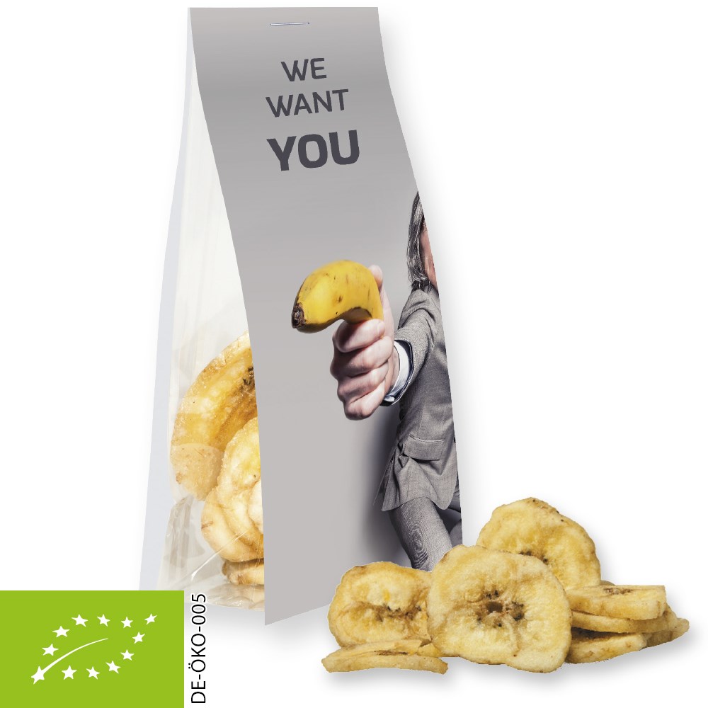 Bio Bananenchips, ca. 25g, Express Blockbodenbeutel mit Werbereiter