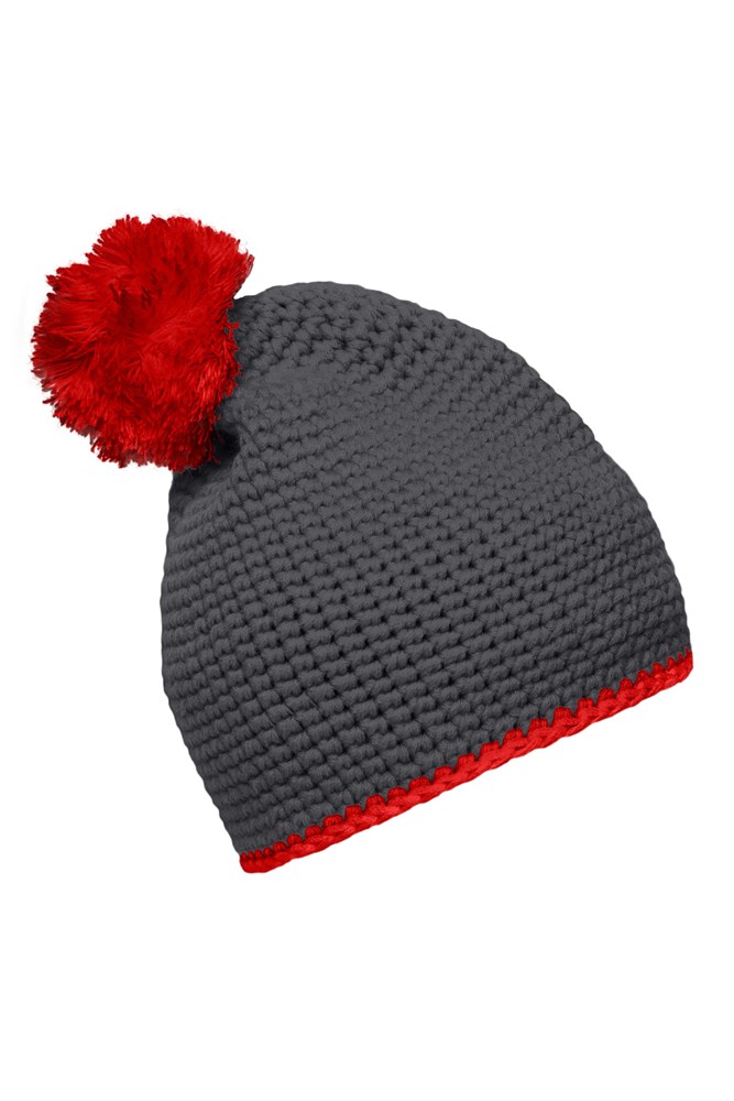 Pompon Hat with Contrast Stripe