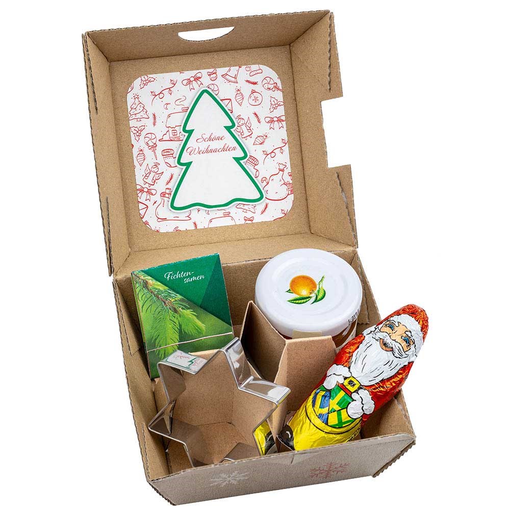 Geschenk-Set Xmas - V5 - Samen-Stick Fichte, Backförmchen Stern, ein Gläschen Orangenmarmelade und Schoko-Nikolaus