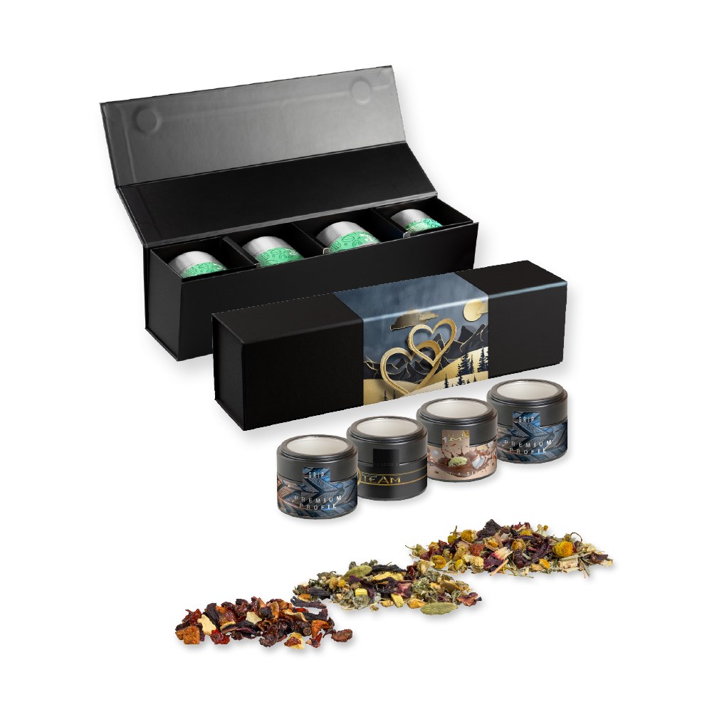 Verschiedene Teesorten, , ca. 60-140g, Geschenk-Set Premium schwarz mit Magnetverschluss und 4 Metalldosen Mini mit Sichtfenster