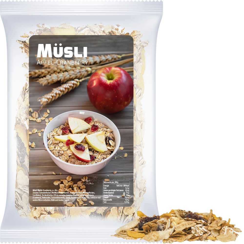 Müsli Apfel-Cranberry, ca. 60g, Express Maxi-Tüte mit Etikett